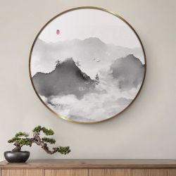 纯手绘油画新中式圆形挂画山水画客厅沙发背景墙装饰画